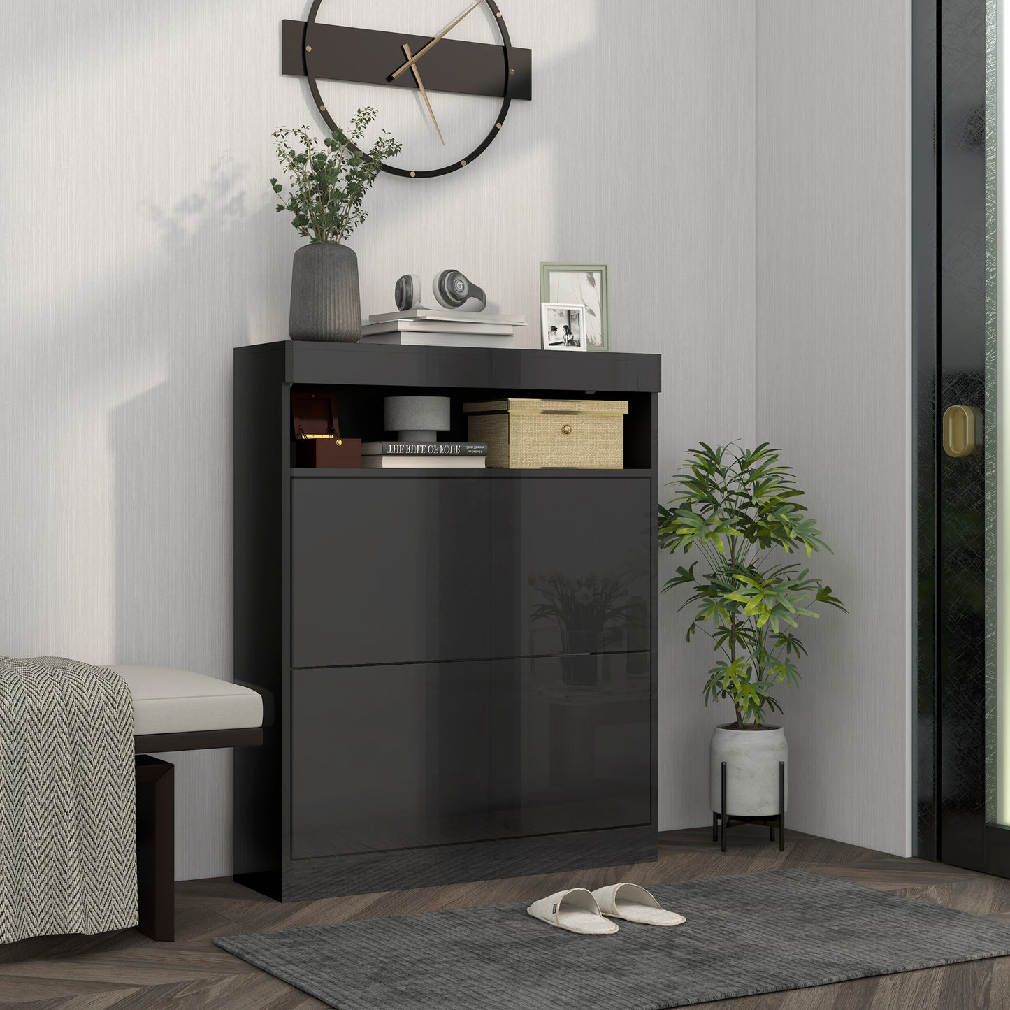 Storage Cabinet, With Flip Doors - High Gloss Black - 16 shoes