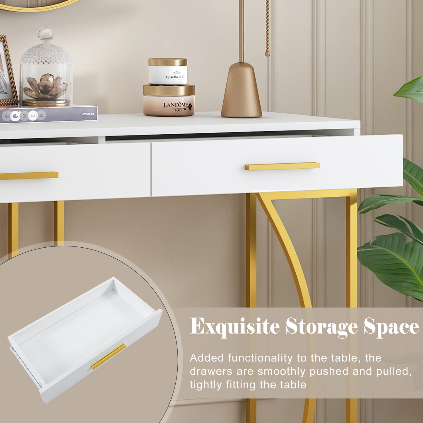 White & Gold Console Table with 2 Drawers – Luxury Hallway & Sofa Table (110×32×85 cm)