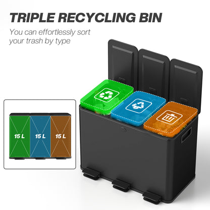 Triple Kitchen Pedal Bin, With Soft Close Lid