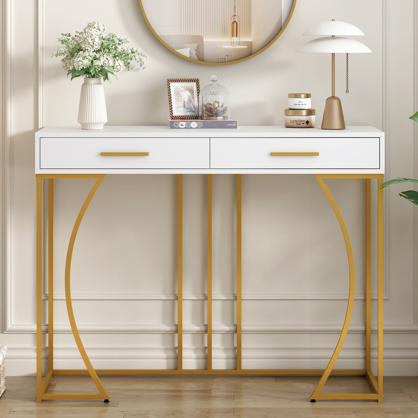 White & Gold Console Table with 2 Drawers – Luxury Hallway & Sofa Table (110×32×85 cm)