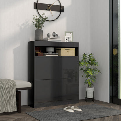 Storage Cabinet, With Flip Doors - High Gloss Black - 16 shoes