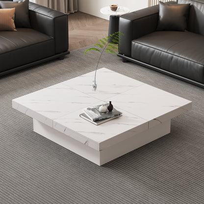 Modern Square Coffee Table With Marble Look, With 4 Sliding Drawers