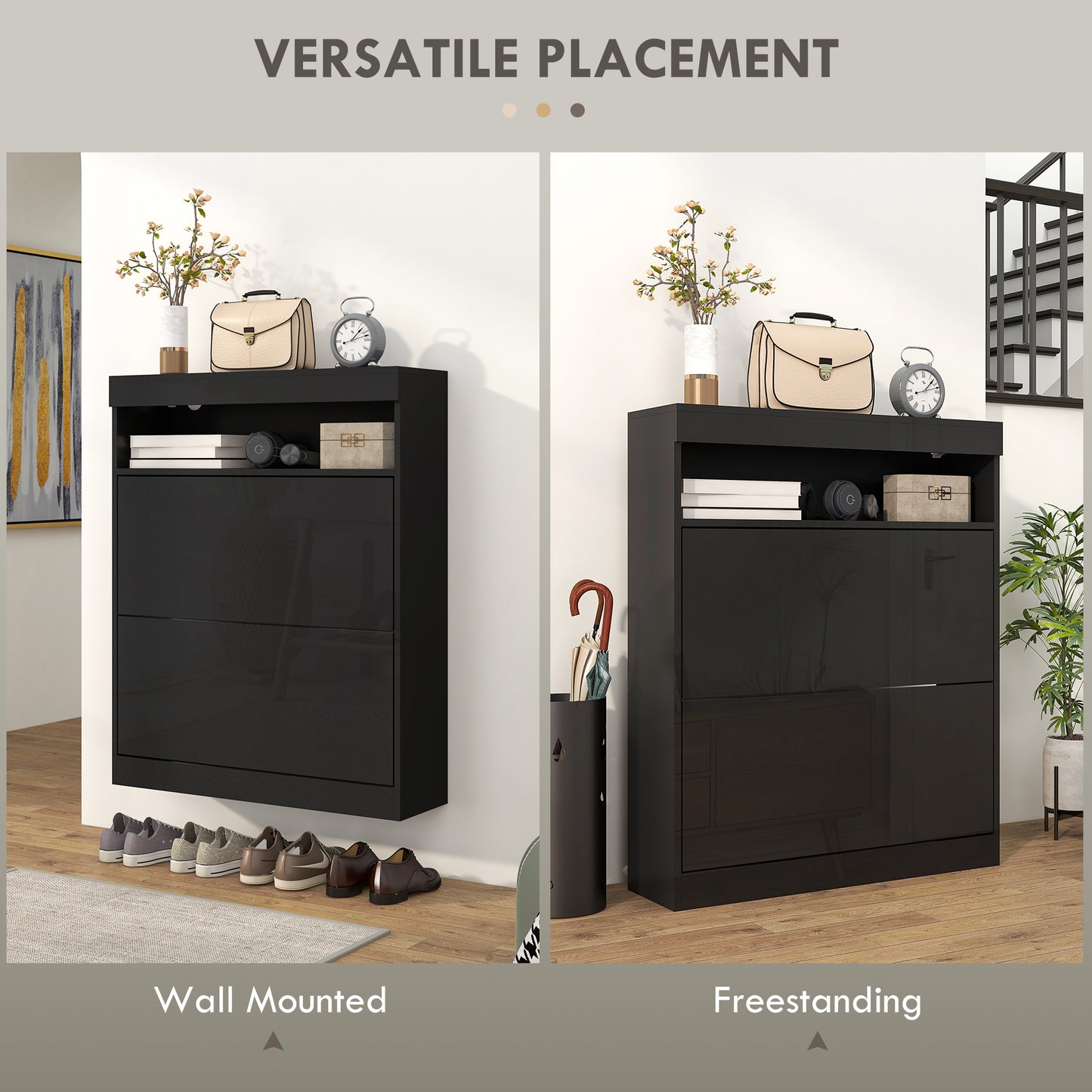 Storage Cabinet, With Flip Doors - High Gloss Black - 16 shoes
