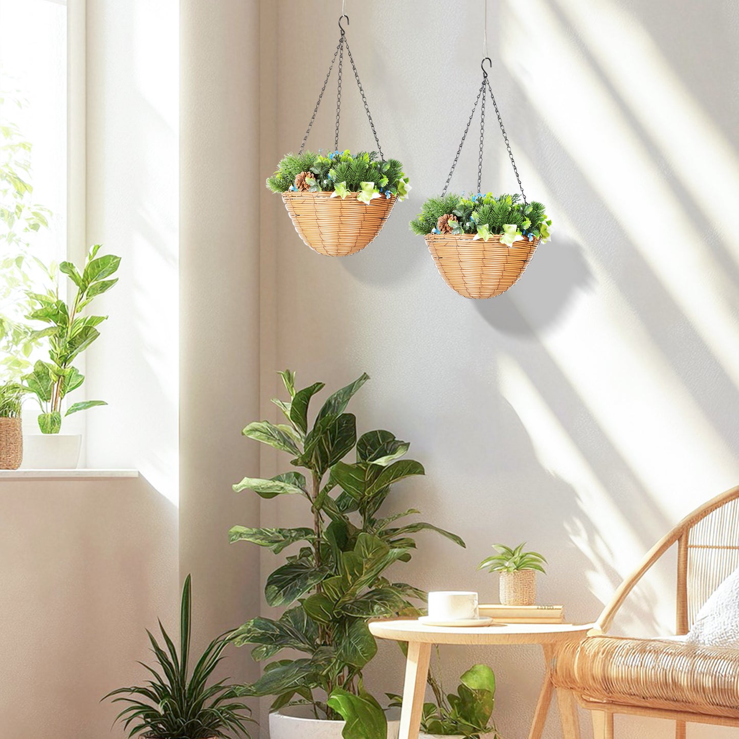 Pack Of 2 Faux Plant Artificial Lisianthus Flowers, Hanging Planters With Basket