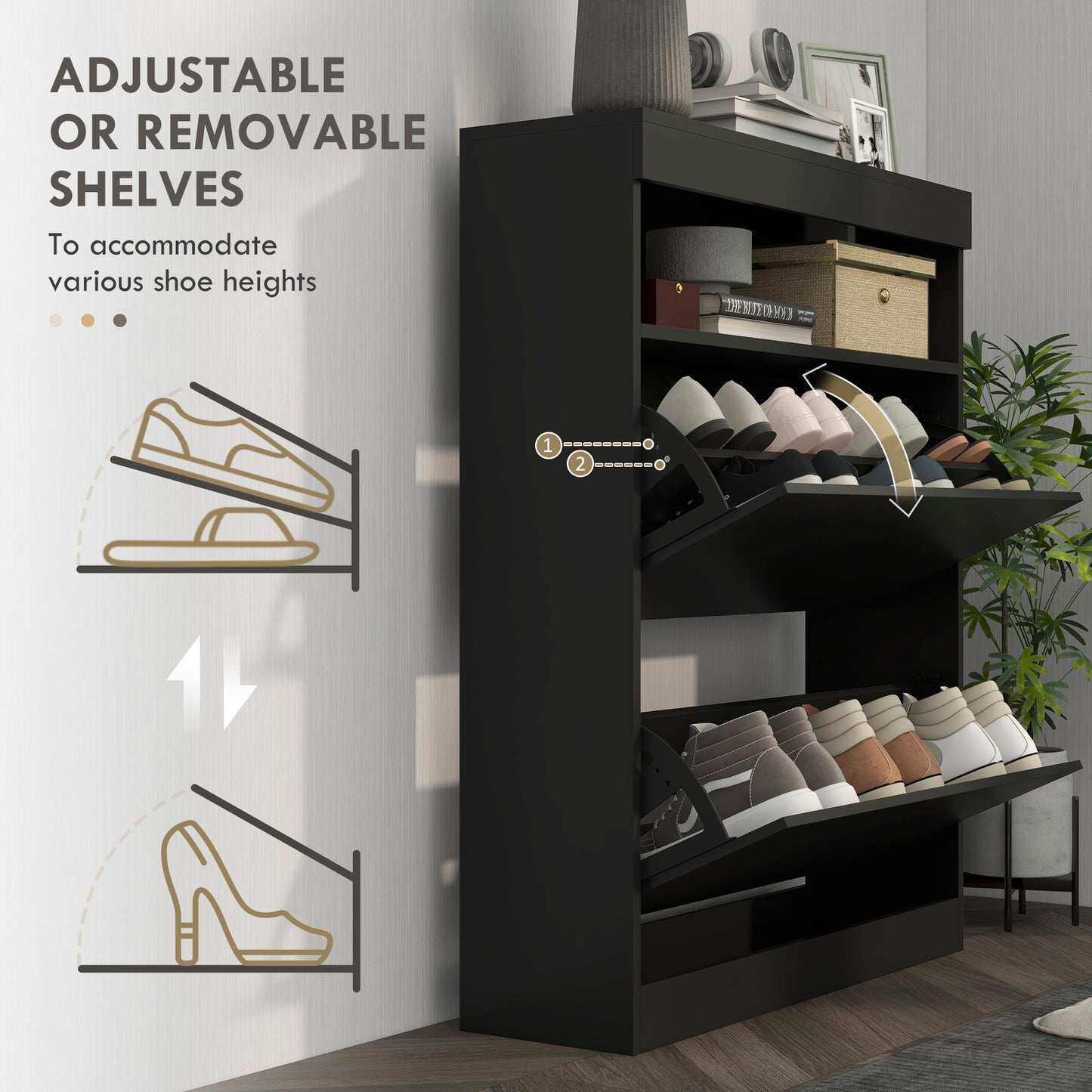 Storage Cabinet, With Flip Doors - High Gloss Black - 16 shoes