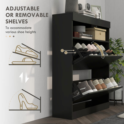 Storage Cabinet, With Flip Doors - High Gloss Black - 16 shoes