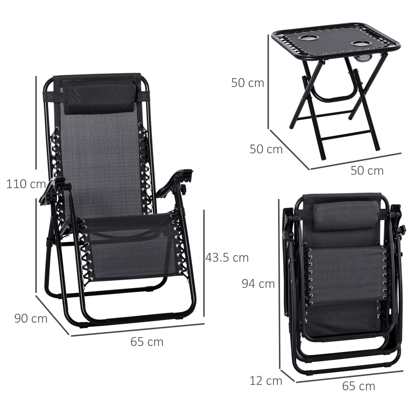 Folding Zero Gravity Chairs, 3 Pieces Adjustable Sun Lounger And Table Set With Cup Holder And Headrest