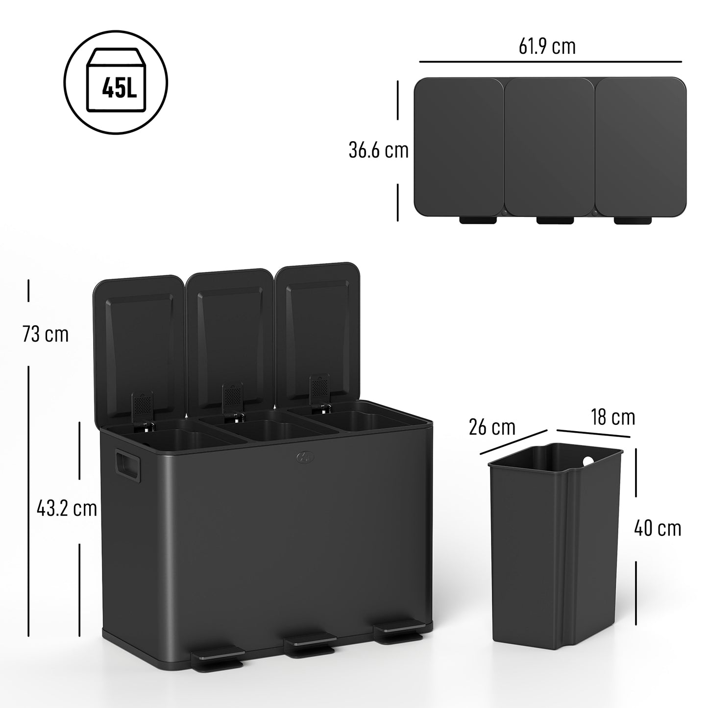 Triple Kitchen Pedal Bin, With Soft Close Lid
