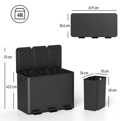 Triple Kitchen Pedal Bin, With Soft Close Lid