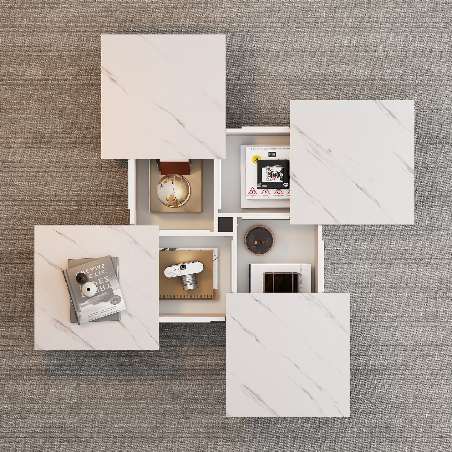 Modern Square Coffee Table With Marble Look, With 4 Sliding Drawers