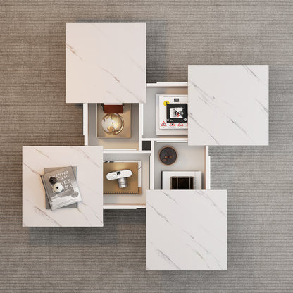 Modern Square Coffee Table With Marble Look, With 4 Sliding Drawers