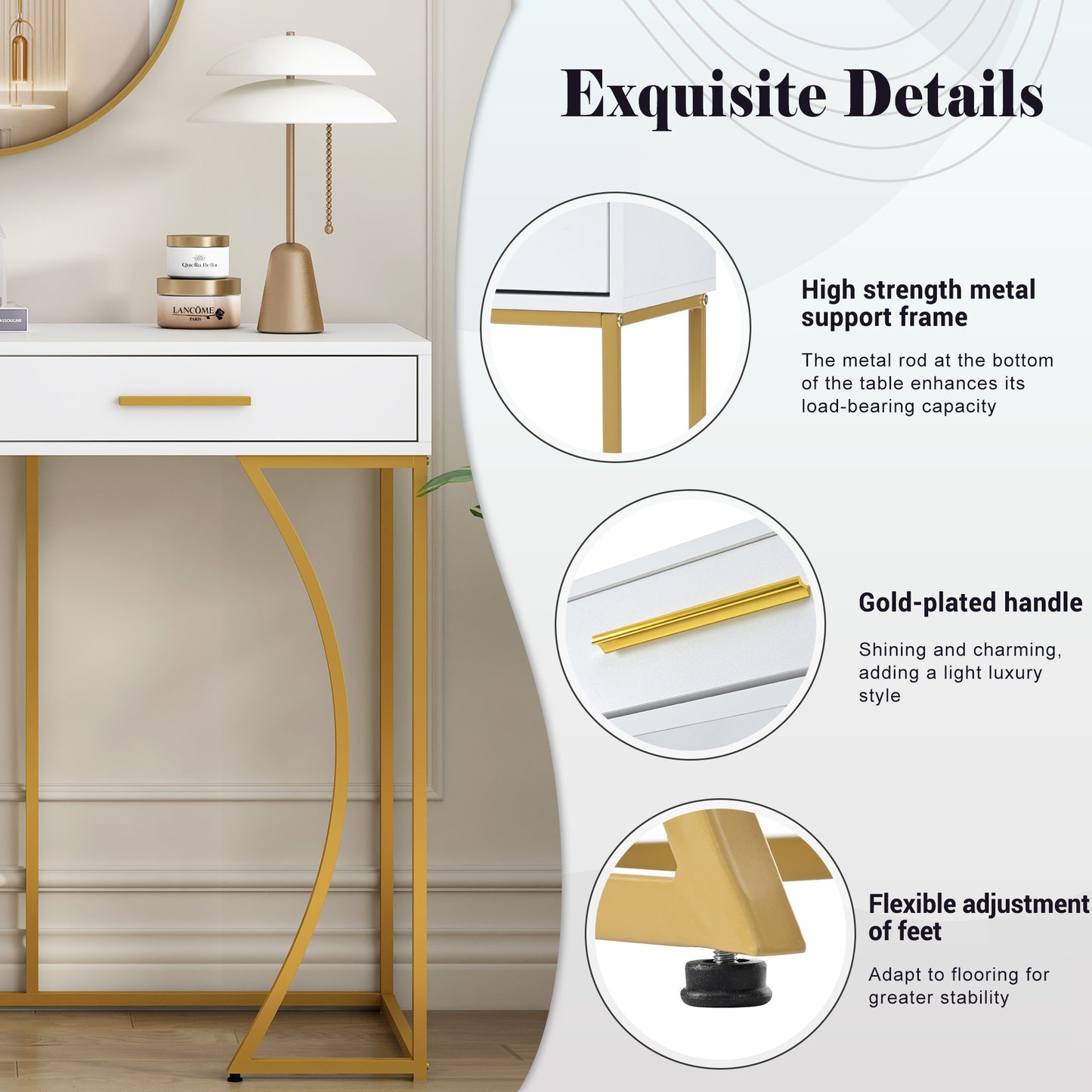 White & Gold Console Table with 2 Drawers – Luxury Hallway & Sofa Table (110×32×85 cm)