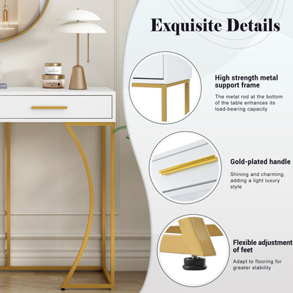 White & Gold Console Table with 2 Drawers – Luxury Hallway & Sofa Table (110×32×85 cm)