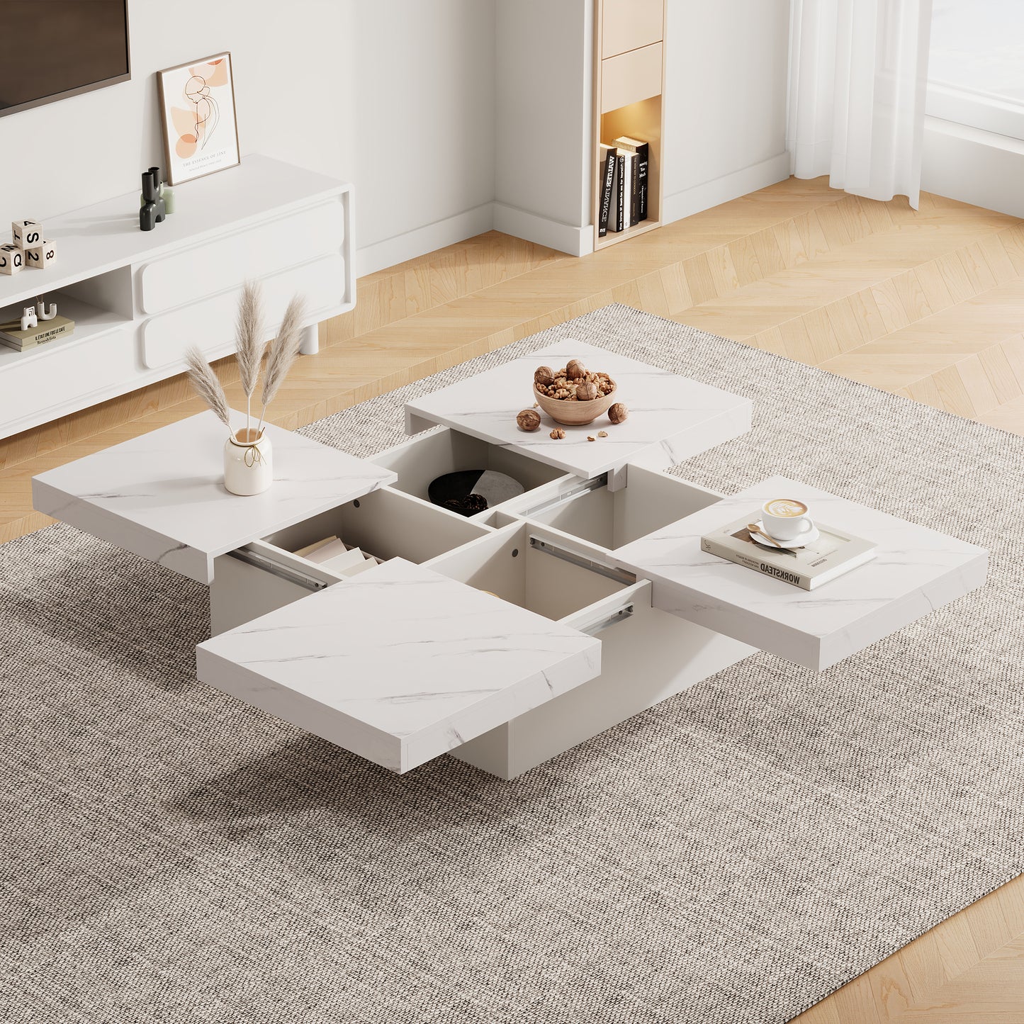 Modern Square Coffee Table With Marble Look, With 4 Sliding Drawers