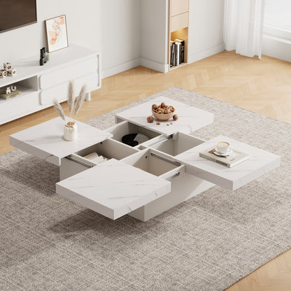 Modern Square Coffee Table With Marble Look, With 4 Sliding Drawers