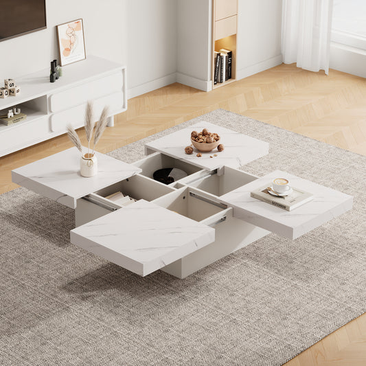 Modern Square Coffee Table With Marble Look, With 4 Sliding Drawers