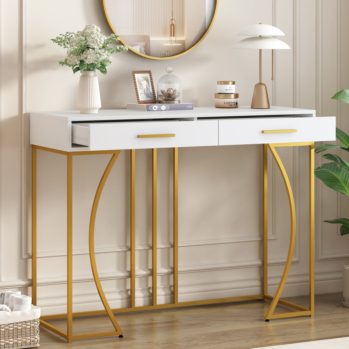 White & Gold Console Table with 2 Drawers – Luxury Hallway & Sofa Table (110×32×85 cm)