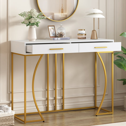 White & Gold Console Table with 2 Drawers – Luxury Hallway & Sofa Table (110×32×85 cm)