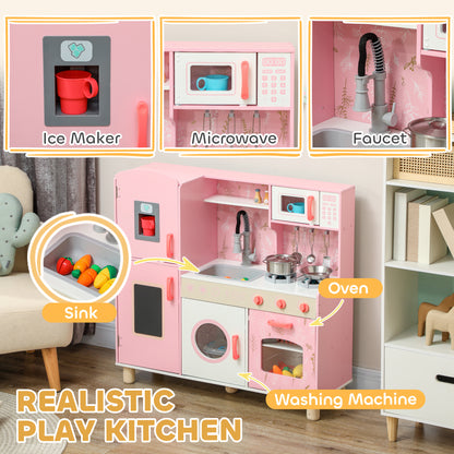 Play Kitchen, Kids Kitchen Set With Lights And Sounds, Double Stoves, Ice Maker, Chalkboard For 3+ Years, Pink