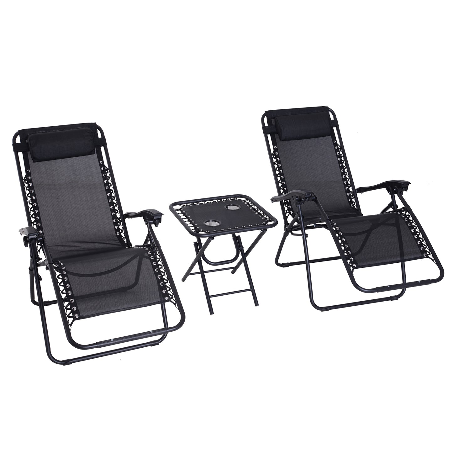 Folding Zero Gravity Chairs, 3 Pieces Adjustable Sun Lounger And Table Set With Cup Holder And Headrest