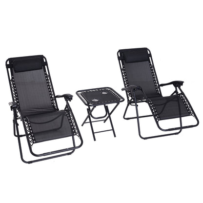 Folding Zero Gravity Chairs, 3 Pieces Adjustable Sun Lounger And Table Set With Cup Holder And Headrest