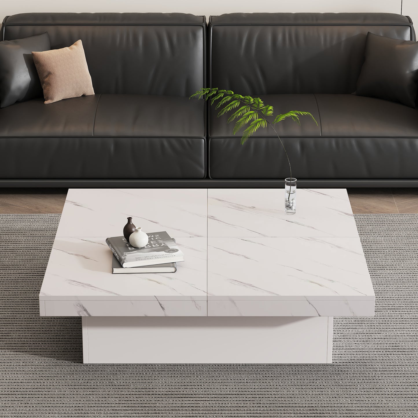 Modern Square Coffee Table With Marble Look, With 4 Sliding Drawers