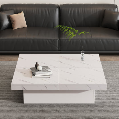 Modern Square Coffee Table With Marble Look, With 4 Sliding Drawers
