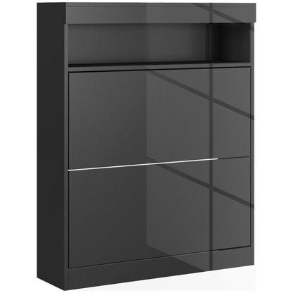 Storage Cabinet, With Flip Doors - High Gloss Black - 16 shoes