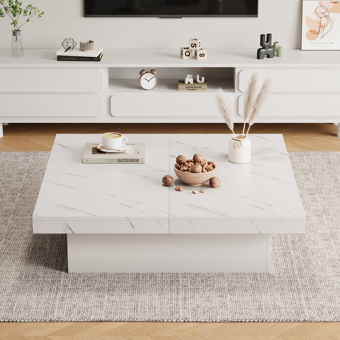 Modern Square Coffee Table With Marble Look, With 4 Sliding Drawers