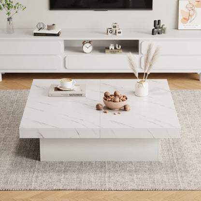Modern Square Coffee Table With Marble Look, With 4 Sliding Drawers