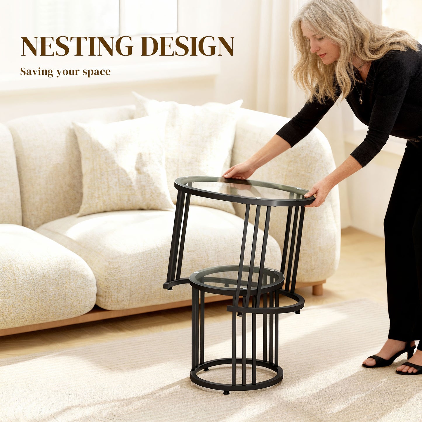 Round Coffee Tables Set Of 2, Nesting Tables With Tempered Glass Top And Steel Frame, Black