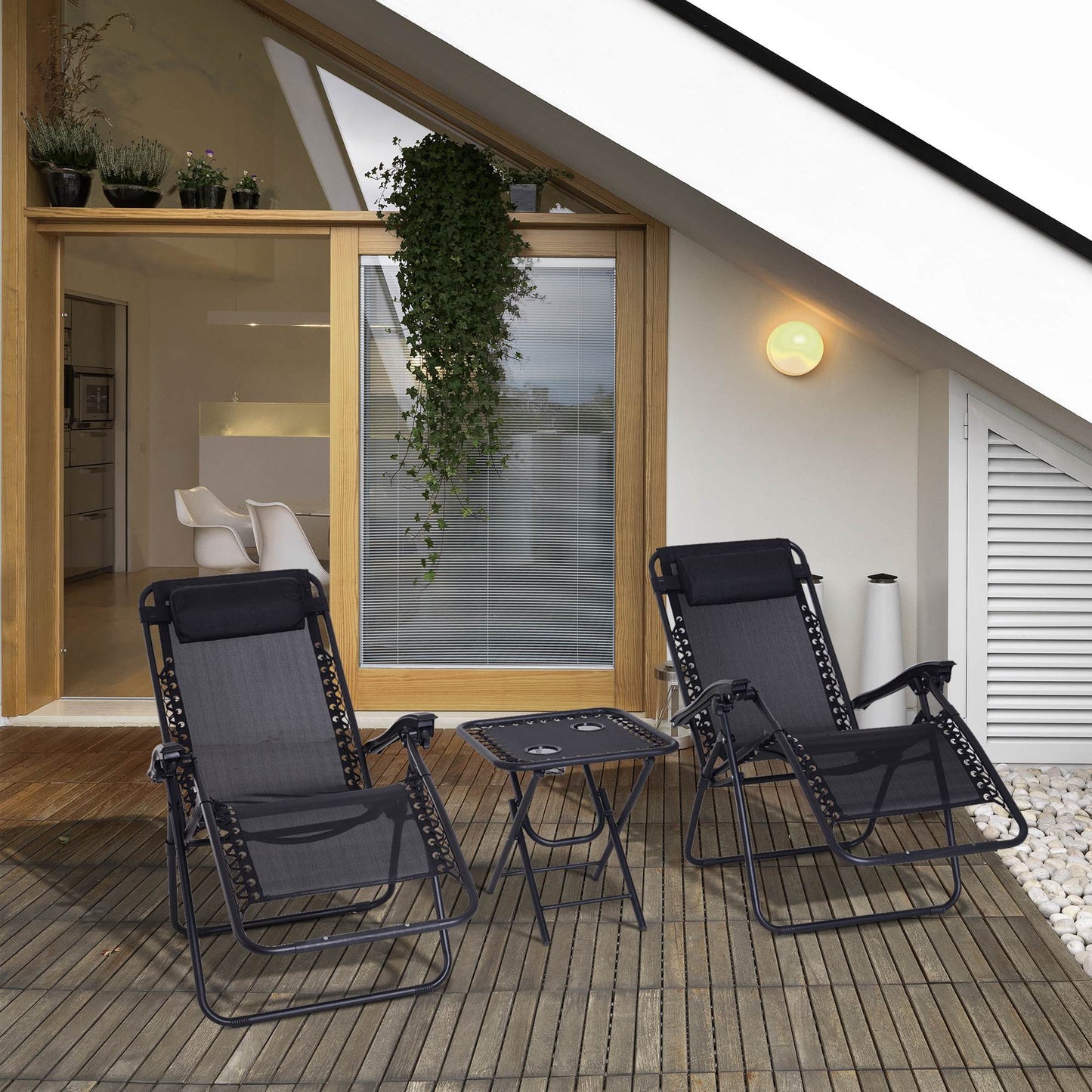 Folding Zero Gravity Chairs, 3 Pieces Adjustable Sun Lounger And Table Set With Cup Holder And Headrest